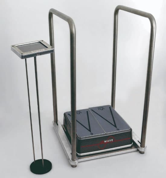 The SiWAVE platform: a standing platform with two handrails and a control panel